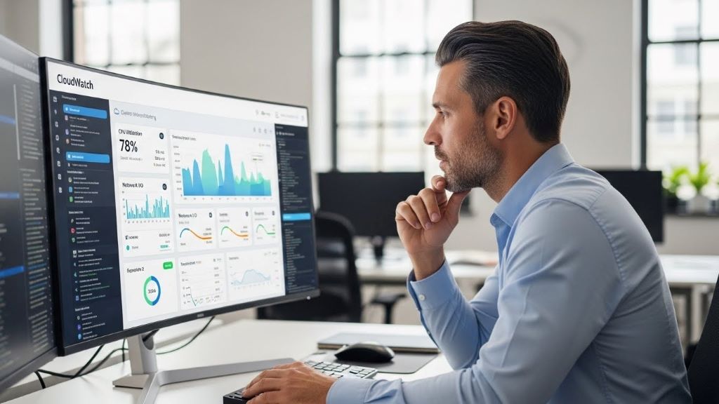 IT professional monitoring server performance through cloud-based real-time monitoring platform interface