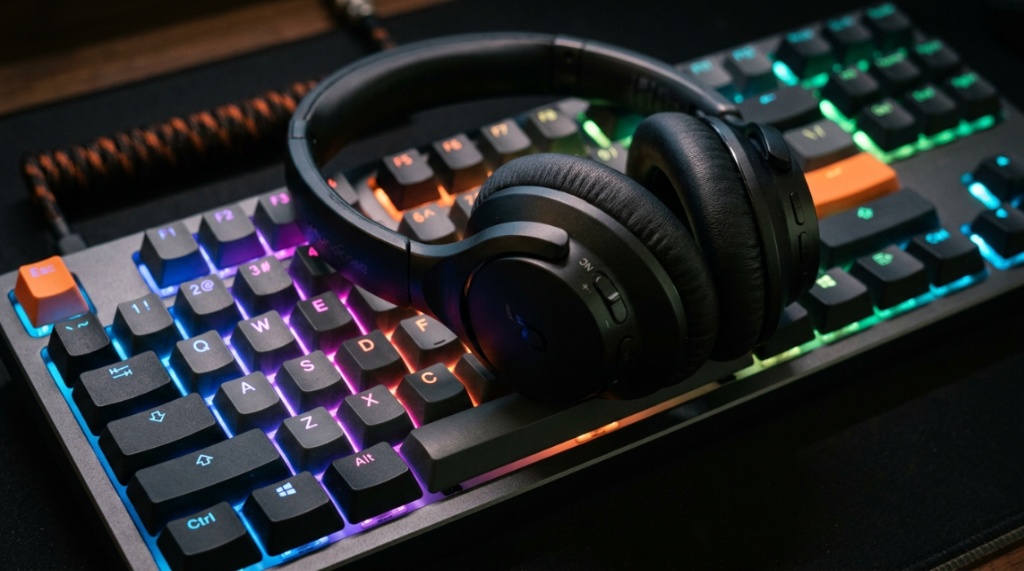 Budget noise-canceling headset resting on an RGB gaming keyboard.