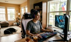 Gamer wearing affordable noise-canceling headphones while playing PC games.
