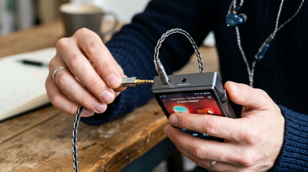 Person plugging a wired IEM headphone cable into a portable audio player.