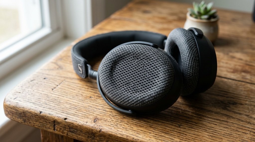 Close-up of breathable mesh earpads on wireless headphones on a wooden table.